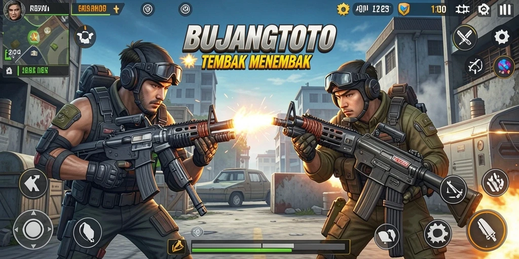 Screenshot gameplay BUJANGTOTO menampilkan aksi tembak-menembak seru.