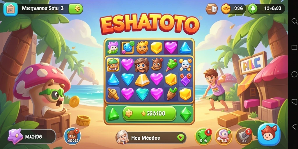 Tampilan gameplay seru ESHATOTO saat mencocokkan batu permata.