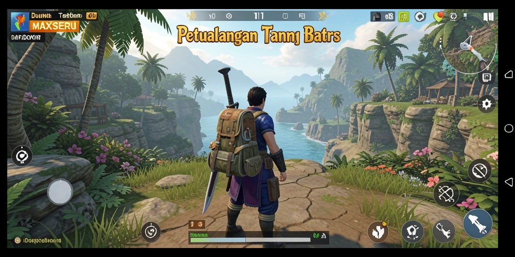 Tangkapan layar gameplay MAXSERU yang menampilkan petualangan eksplorasi terbuka.