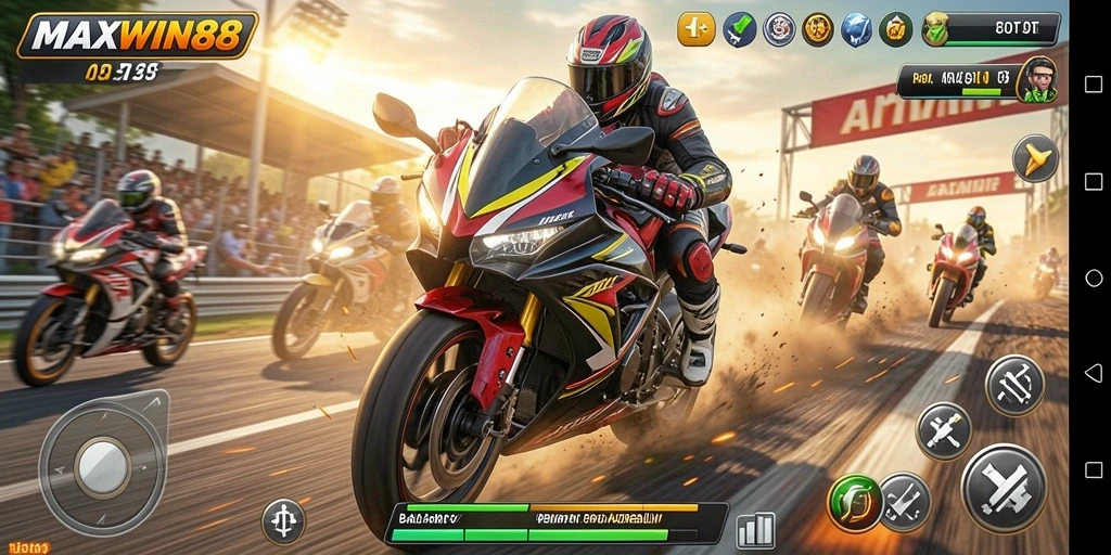 Gameplay seru MAXWIN88 dengan balapan motor yang intens.