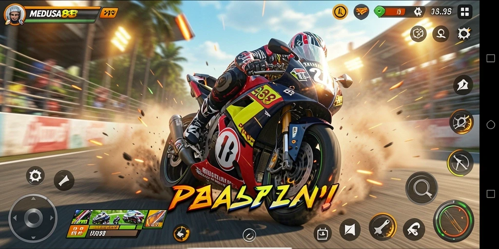 Gameplay mendebarkan dengan kecepatan tinggi dan aksi balapan.
