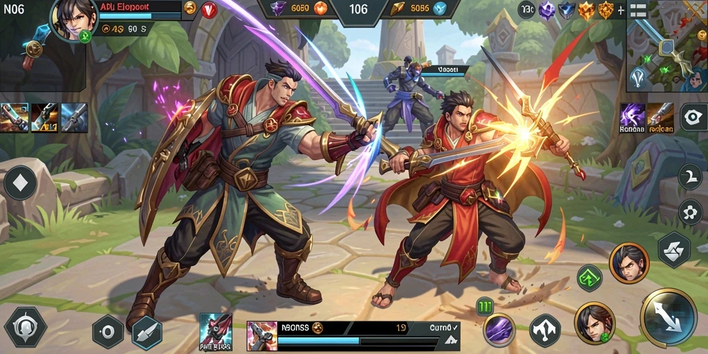 Screenshot gameplay N06 menampilkan pertempuran seru di arena strategis.