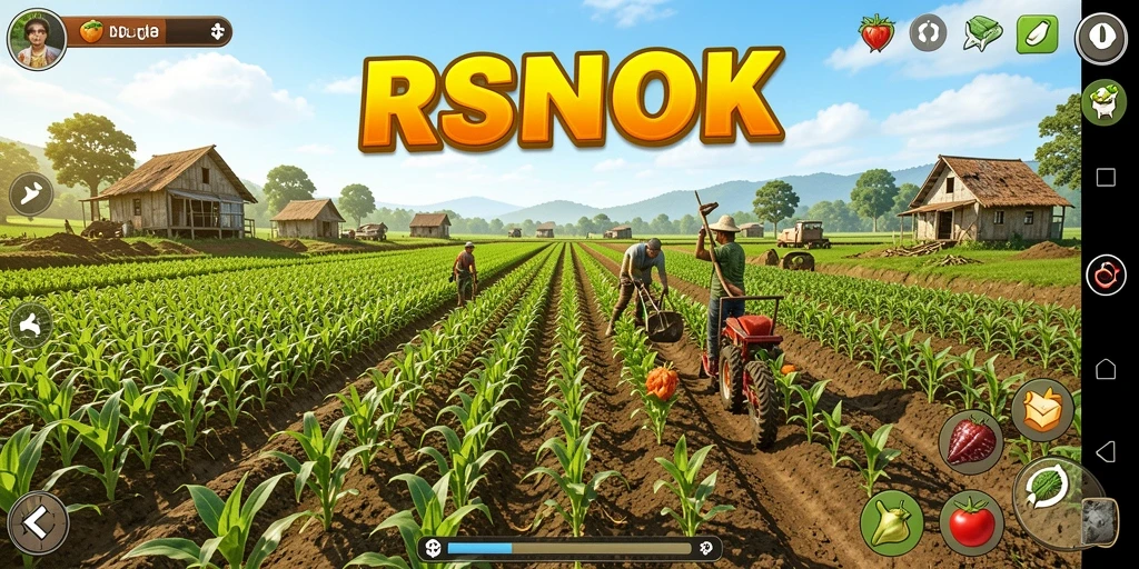 Tampilan gameplay RSNOK dengan ladang yang subur dan hewan ternak.